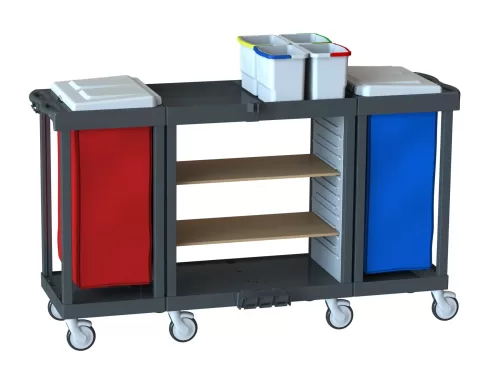 Housekeeping Arabası H 1222 W2 Çift Büyük Boy Ahşap Raflı ve 4 Renkli Kovalı Kat Arabası