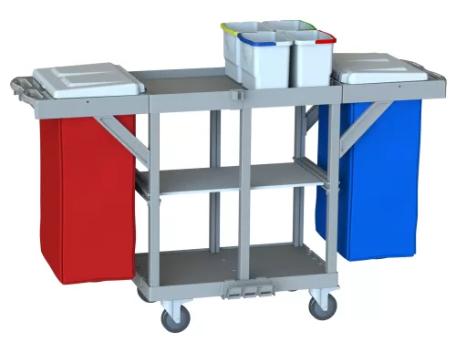 Housekeeping Arabası H 1521 SWR Eco Ekonomik ve 7 Raflı Çift Çöp Bölmeli Kat Temizlik Arabası