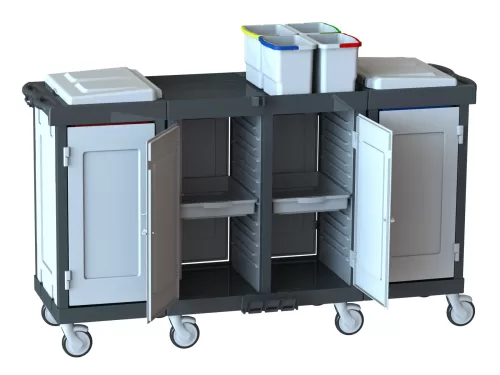 Housekeeping Arabası H 2222 D2 Dört Dolap Kapaklı ve Çift Üst Çöp Kapaklı Büyük Boy Profesyonel Kat Arabası