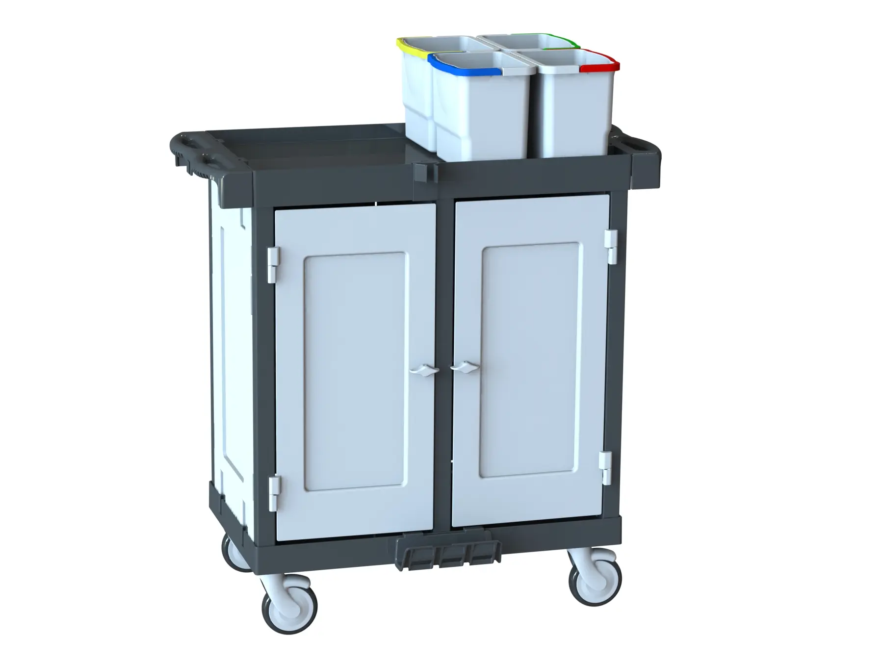 Housekeeping Arabası H 502 D 2 Ayrı Kapaklı Dolaplı ve 14 Rafta Kadar Genişletilebilir Çift Temizlik Tepsili Çok Amaçlı Servis Arabası