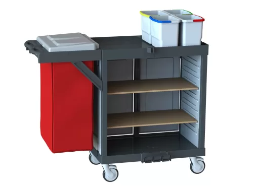 Restoran Servis Arabası R 1122 W D3 Yanları ve Arkası Kapalı 7 Raflı Genişletilebilir Çift Büyük Boy Ahşap Raflı 4 Renkli Hijyen Kovalı ve Kapaklı Çöp Çamaşır Bölümlü Yemekhane Kat Arabası