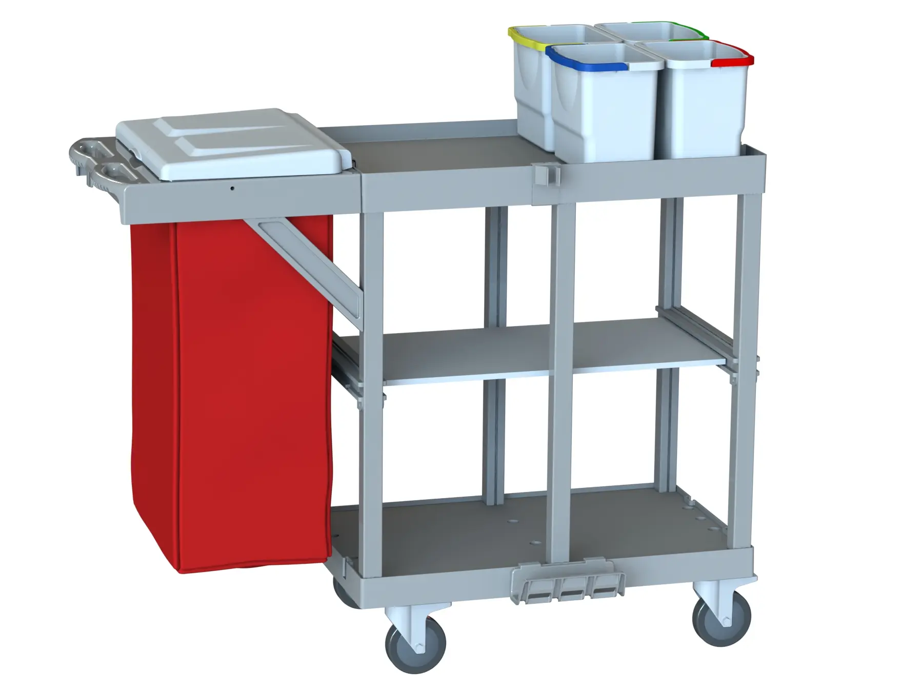 Restoran Servis Arabası R 1122 WR Eco Ekonomik Şasili Çift Ahşap Raflı 4 Renkli Hijyen Kovalı ve Kapaklı Çöp Çamaşır Bölümlü Yemekhane Servis Arabası