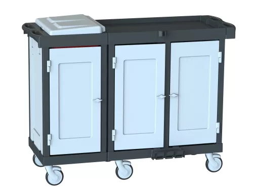 Restoran Servis Arabası R 1202 0SD2 Geniş Gövdeli Üç Dolap Kapaklı Çekmece ve Raf Eklenebilir Modüler Kapaklı Çöp Çamaşır Bölümlü Yemekhane Kat Arabası