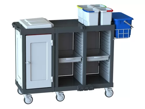 Restoran Servis Arabası R 1202 SD4 T Tamamı Kapaklı Dolaplı Gövdeli 14 Raflı Genişletilebilir Çift Temizlik Tepsili 4 Renkli Hijyen Kovalı Kat Temizlik Arabası