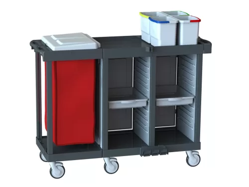 Restoran Servis Arabası R 1202 SD3 14 Raflı Genişletilebilir Çift Temizlik Tepsili 4 Renkli Hijyen Kovalı ve Kapaklı Çöp Çamaşır Bölümlü Kat Temizlik Arabası