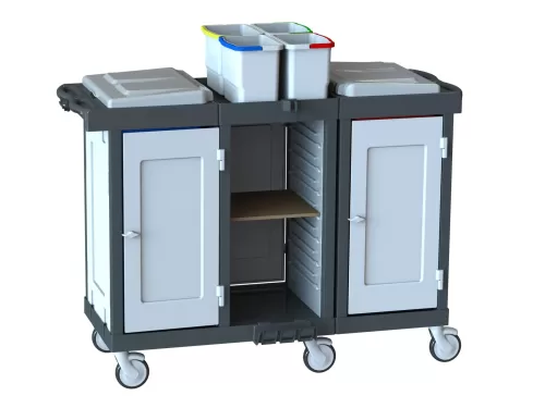 Restoran Servis Arabası R 1551 WD3 Doğal Ahşap Raflı İki Ayrı Dolap Kapaklı Çöp Çamaşır Bölümlü Fast Food Yemekhane Kat Temizlik Arabası